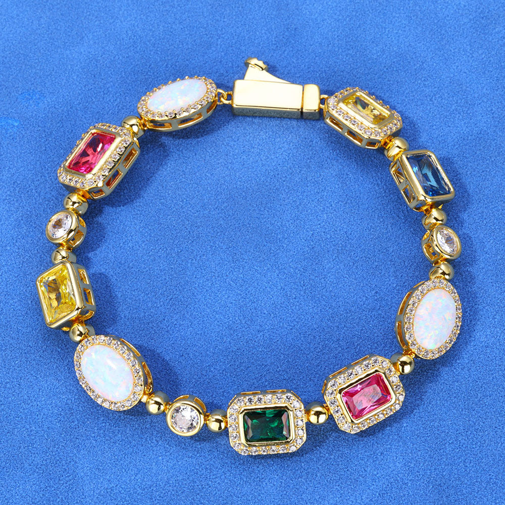 S925 Silver Multi-Gemstone Halo Tennis Bracelet – Moissanite-Iced Opal Ruby Sapphire Emerald Hip Hop Bracelet for Women
