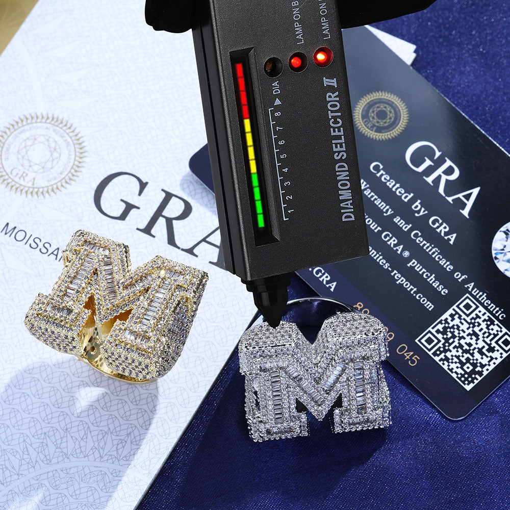 Iced Out Baguette Moissanite Initial Letter Ring – S925 Sterling Silver Custom Alphabet Ring, Hip Hop Pinky Ring for Men, US 7-11