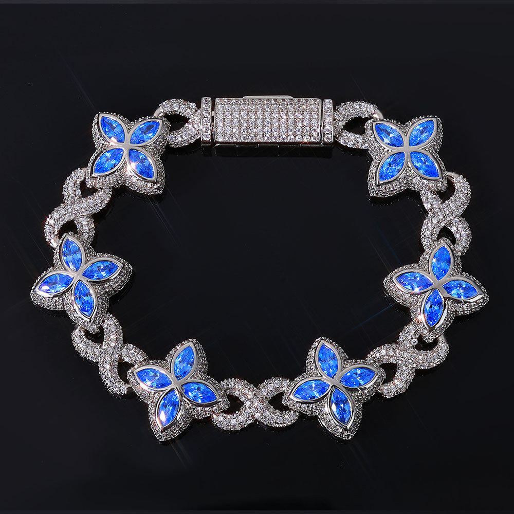 Iced Out Flower Clover Bracelet – Four-Petal Gemstone Hip Hop Bangle with Box Clasp | Esekeem