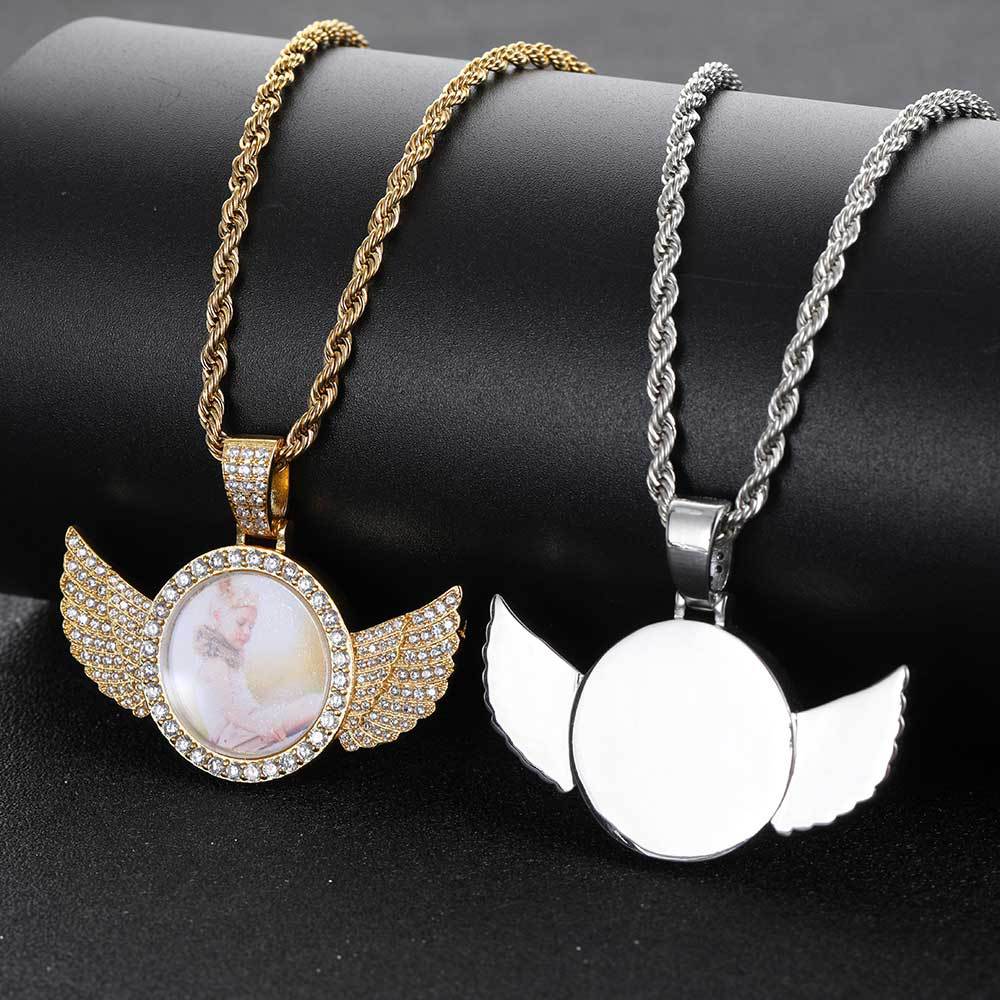Iced Out Moissanite Angel Wing Photo Pendant – Custom Picture Locket Necklace 925 Sterling Silver | VVS Stones | Hip Hop Memorial Jewelry