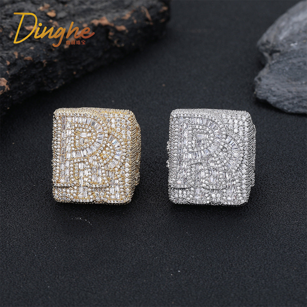 Iced Out Custom Letter Ring — Baguette CZ Initial Ring for Men, Gold Plated Hip Hop Bling Pinky Ring, Sizes 7-10