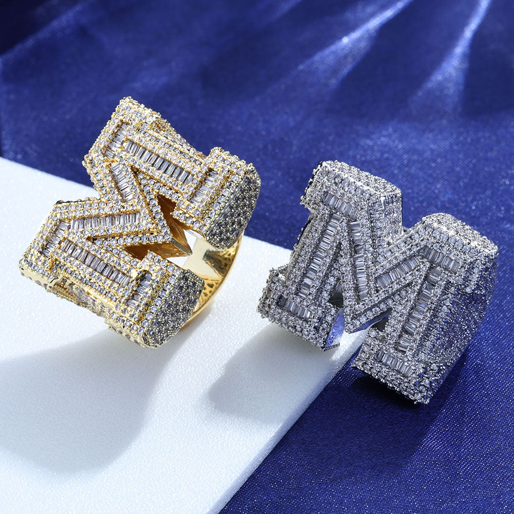 Iced Out Baguette Moissanite Initial Letter Ring – S925 Sterling Silver Custom Alphabet Ring, Hip Hop Pinky Ring for Men, US 7-11
