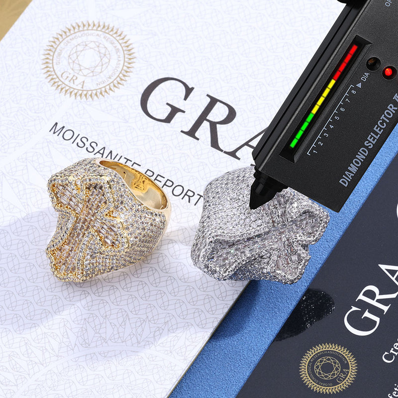 Iced Out Cross Ring – S925 Silver Baguette & Round Moissanite Hip Hop Cross Statement Ring for Men & Women, Pass Diamond Tester
