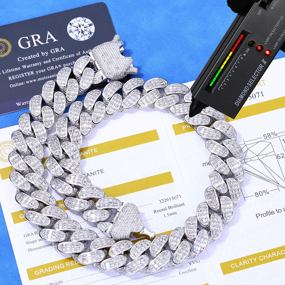 18mm Baguette Moissanite Cuban Link Chain – S925 Silver GRA Certified Iced Out Hip Hop Necklace for Men & Women