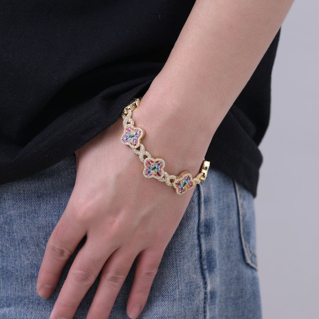 Iced Out Four-Leaf Clover Bracelet — 11mm Rainbow CZ Star Link, Gold Plated Hip Hop Tennis Bracelet for Men & Women