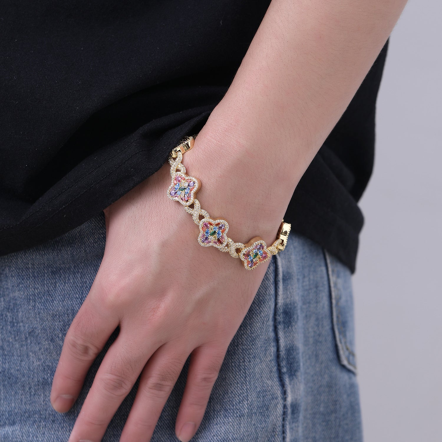 Iced Out Four-Leaf Clover Bracelet — 11mm Rainbow CZ Star Link, Gold Plated Hip Hop Tennis Bracelet for Men & Women