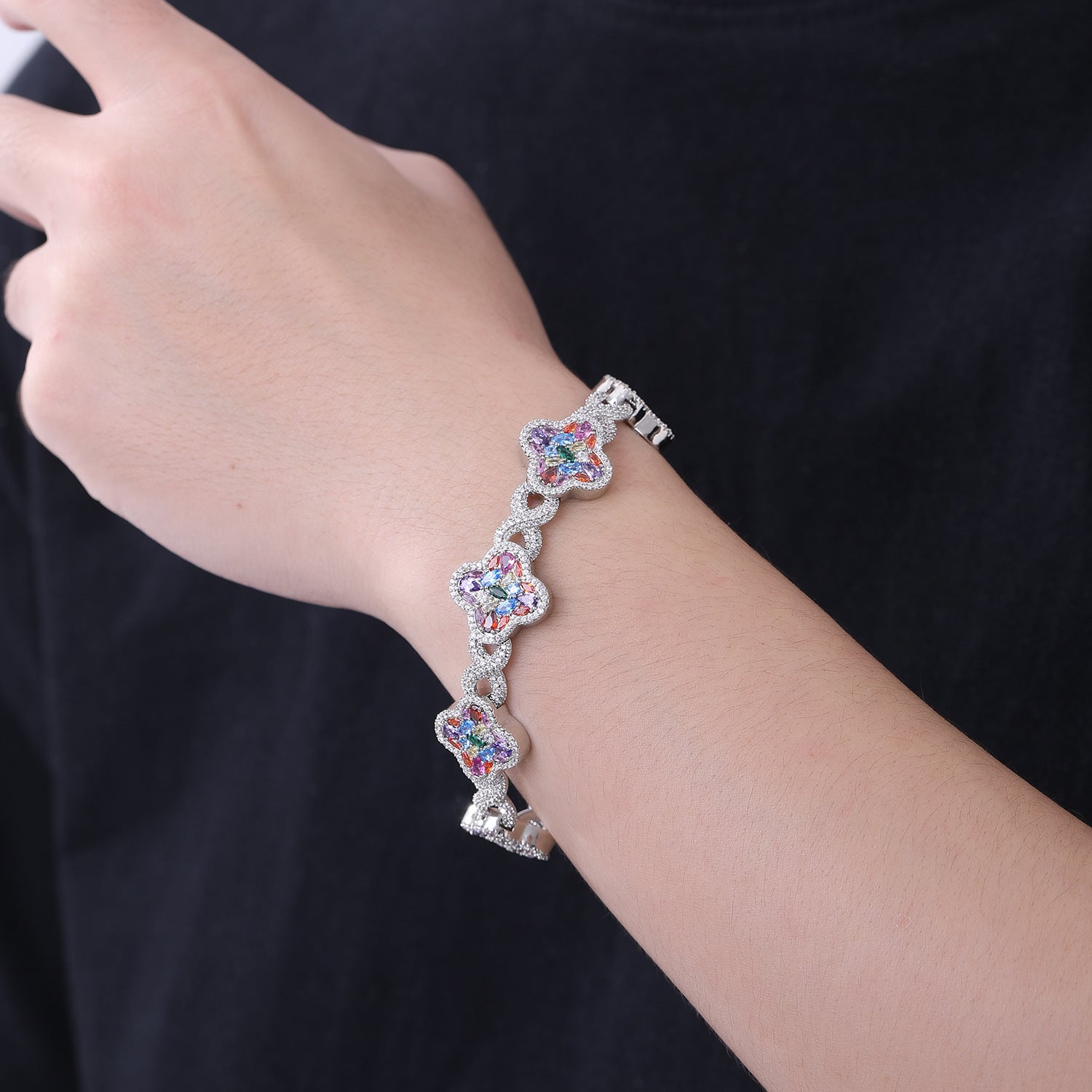 Iced Out Four-Leaf Clover Bracelet — 11mm Rainbow CZ Star Link, Gold Plated Hip Hop Tennis Bracelet for Men & Women