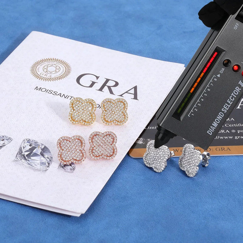 Iced Out Four Leaf Clover Moissanite Stud Earrings – S925 Silver Full-Pave Hip Hop Clover Shape Earrings for Men & Women, Pass Diamond Tester