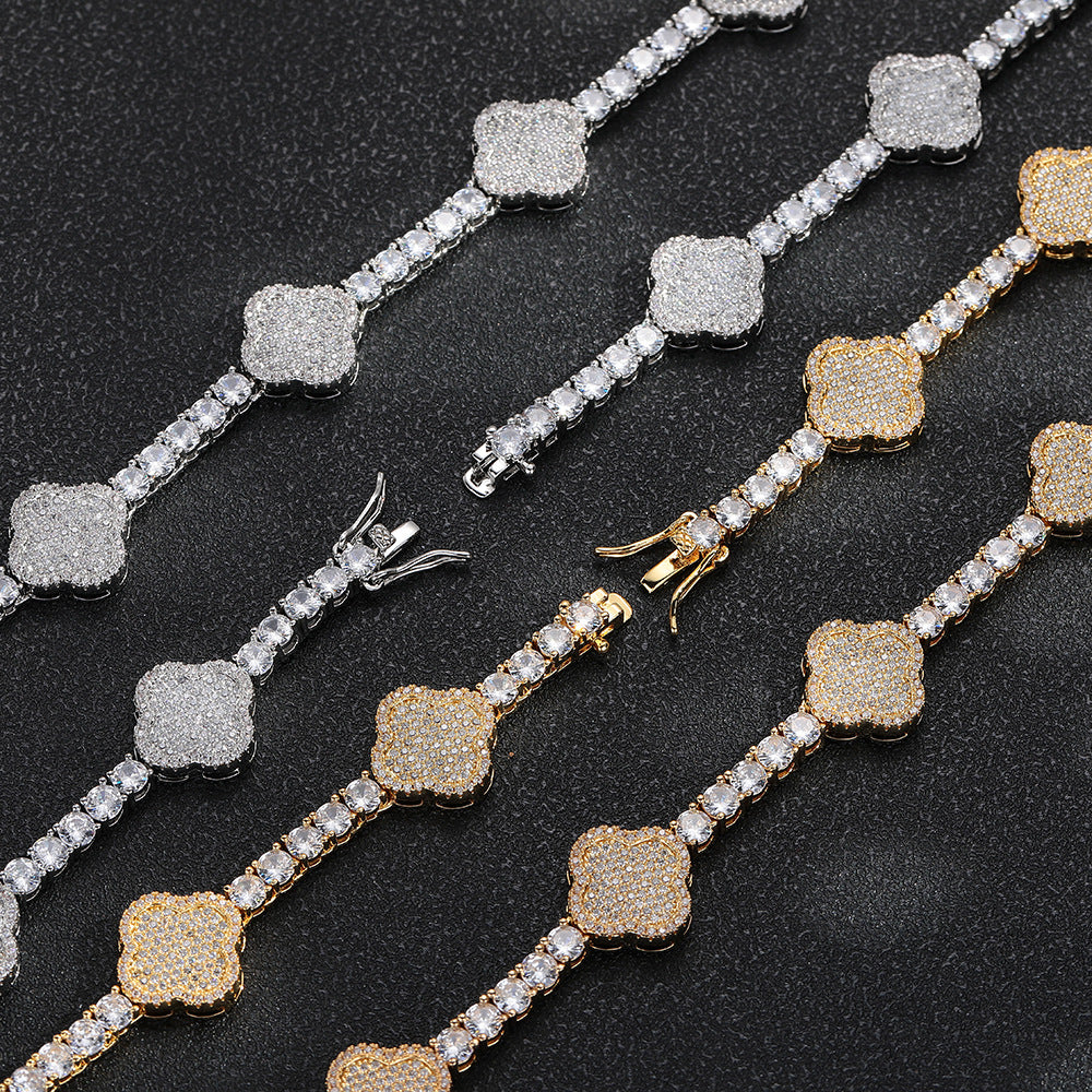 Iced Out Four Leaf Clover Tennis Chain & Bracelet Set – Gold Plated CZ Hip Hop Jewelry for Men