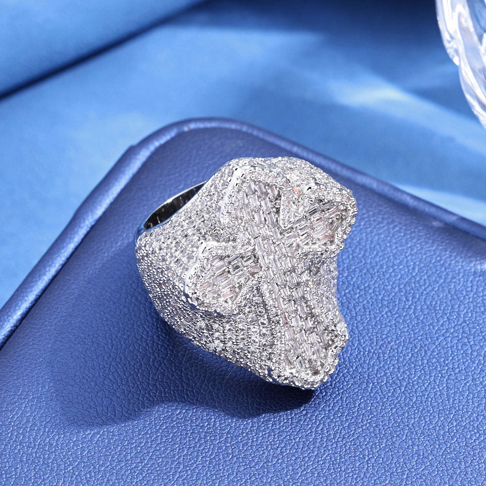 Iced Out Cross Ring – S925 Silver Baguette & Round Moissanite Hip Hop Cross Statement Ring for Men & Women, Pass Diamond Tester