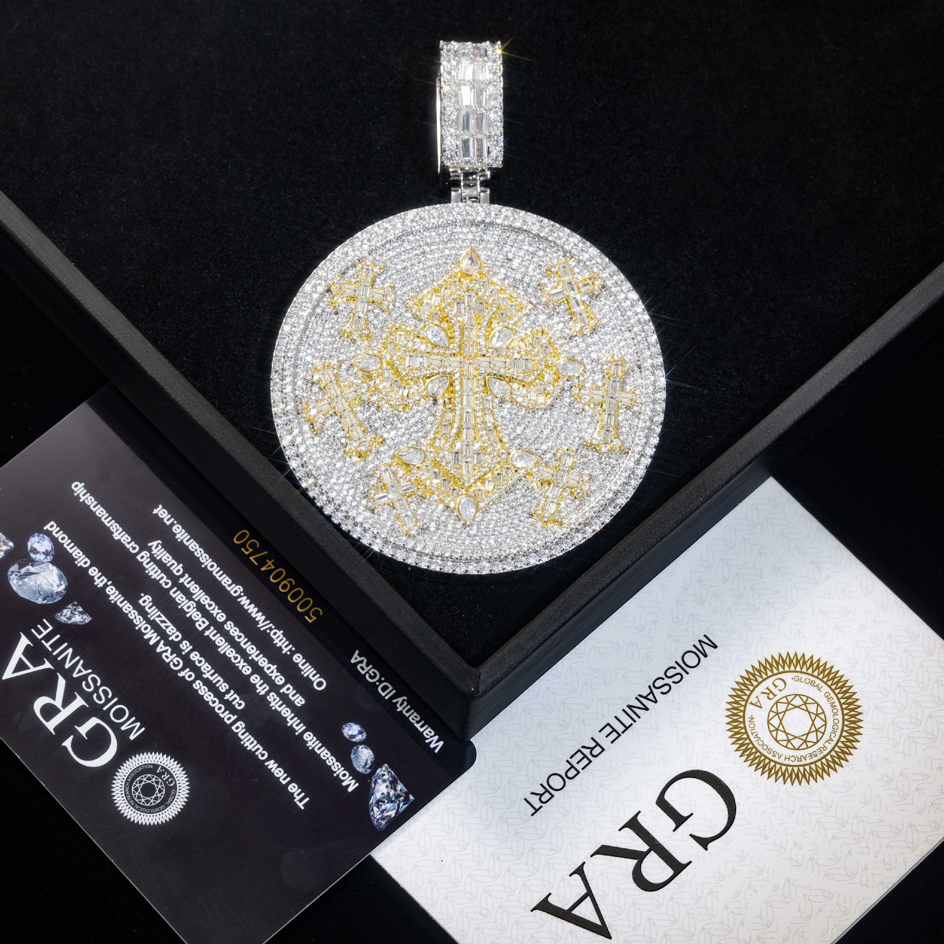 Iced Out Moissanite Round Cross Pendant — VVS Gold Plated Hip Hop Medallion Necklace 24" Rope Chain, White Gold / Two-Tone