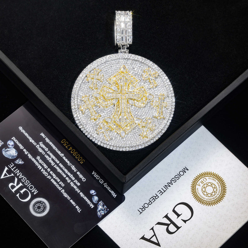 Iced Out Moissanite Round Cross Pendant — VVS Gold Plated Hip Hop Medallion Necklace 24" Rope Chain, White Gold / Two-Tone