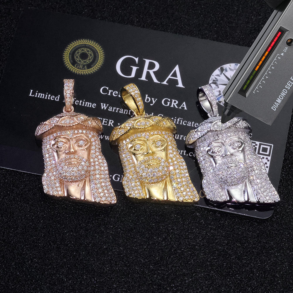 Iced Out Jesus Head Pendant – S925 Silver Full-Pave Moissanite Hip Hop Jesus Piece Necklace with 24" Rope Chain, Pass Diamond Tester