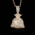 Iced Out Money Bag Pendant – Dollar Sign Baguette $ Charm Necklace | Hip Hop Bling Jewelry | 24" Rope Chain Included