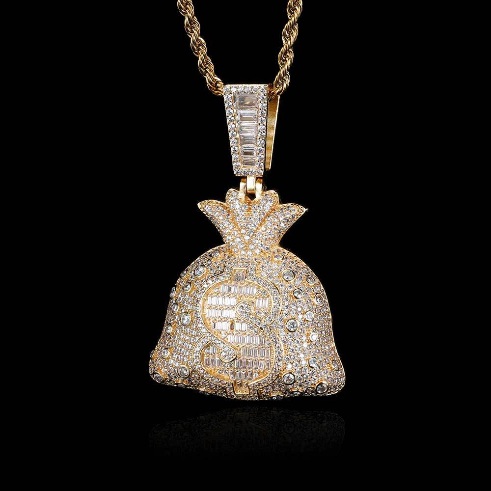 Iced Out Money Bag Pendant – Dollar Sign Baguette $ Charm Necklace | Hip Hop Bling Jewelry | 24" Rope Chain Included