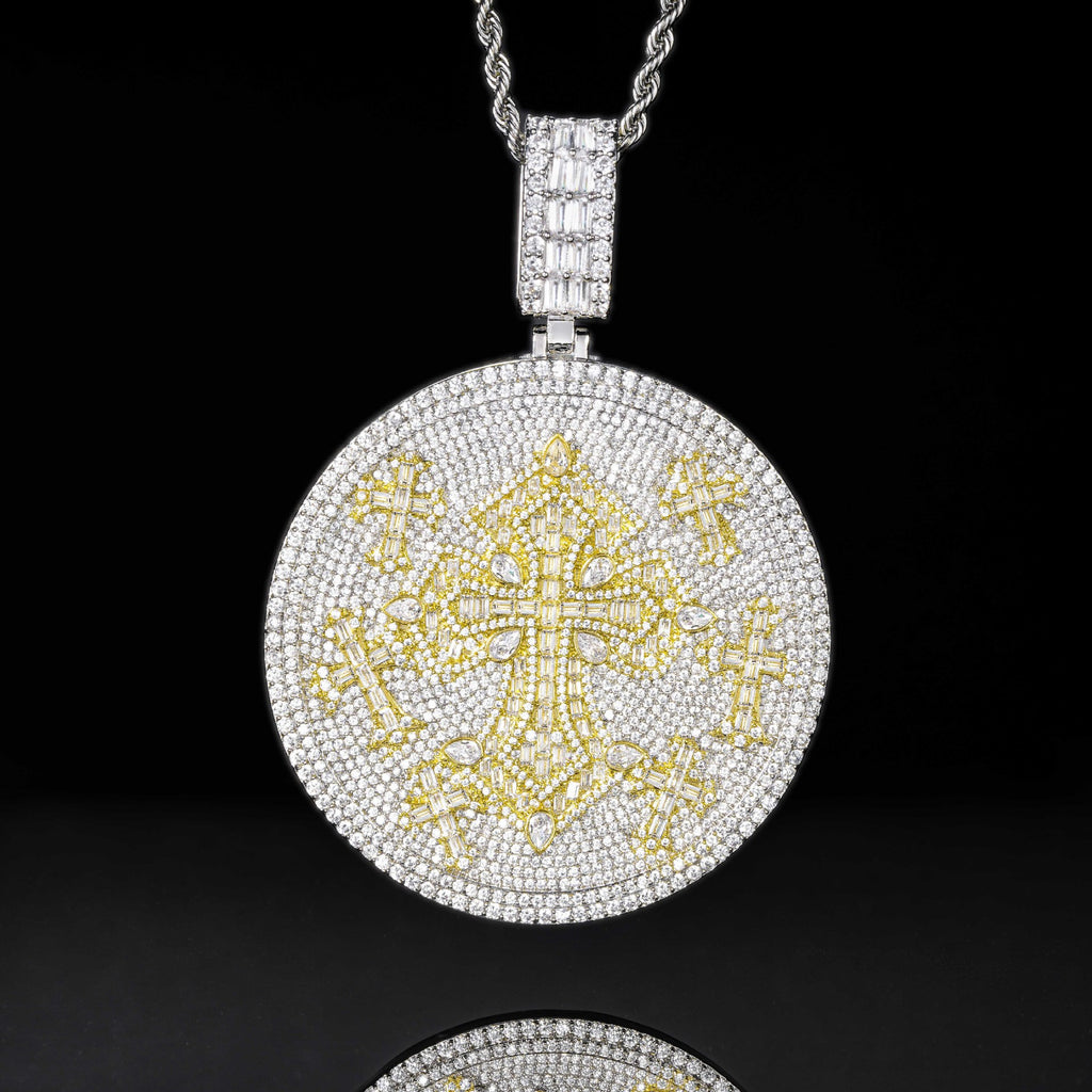 Iced Out Moissanite Round Cross Pendant — VVS Gold Plated Hip Hop Medallion Necklace 24" Rope Chain, White Gold / Two-Tone