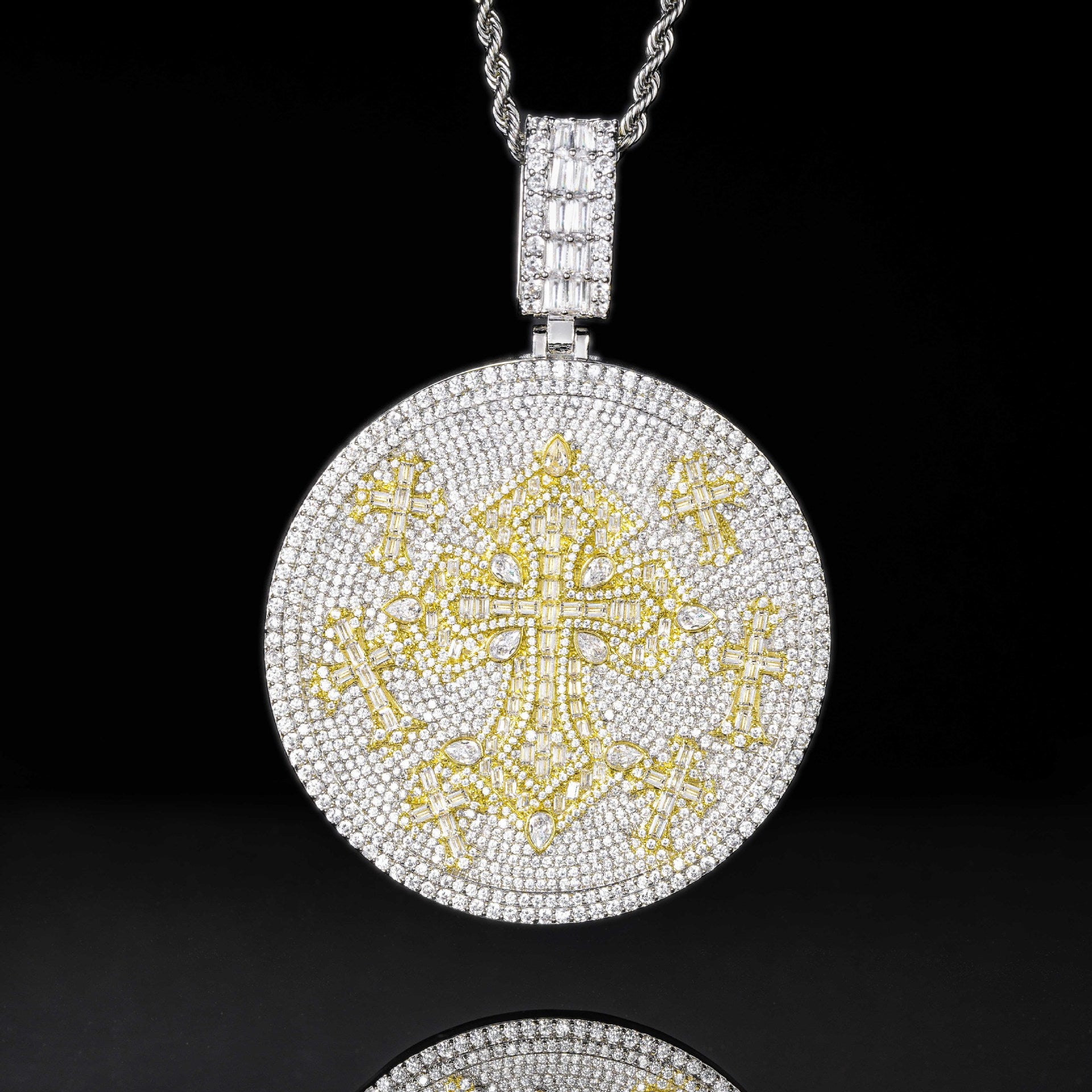 Iced Out Moissanite Round Cross Pendant — VVS Gold Plated Hip Hop Medallion Necklace 24" Rope Chain, White Gold / Two-Tone