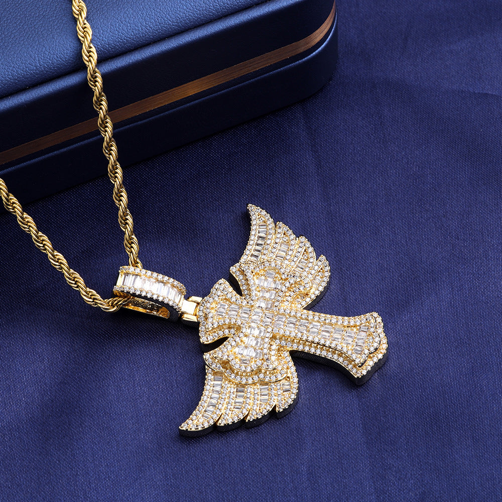 Iced Out Baguette Moissanite Cross with Angel Wings – 925 Sterling Silver Hip Hop Pendant Necklace | VVS Stones | GRA Certified