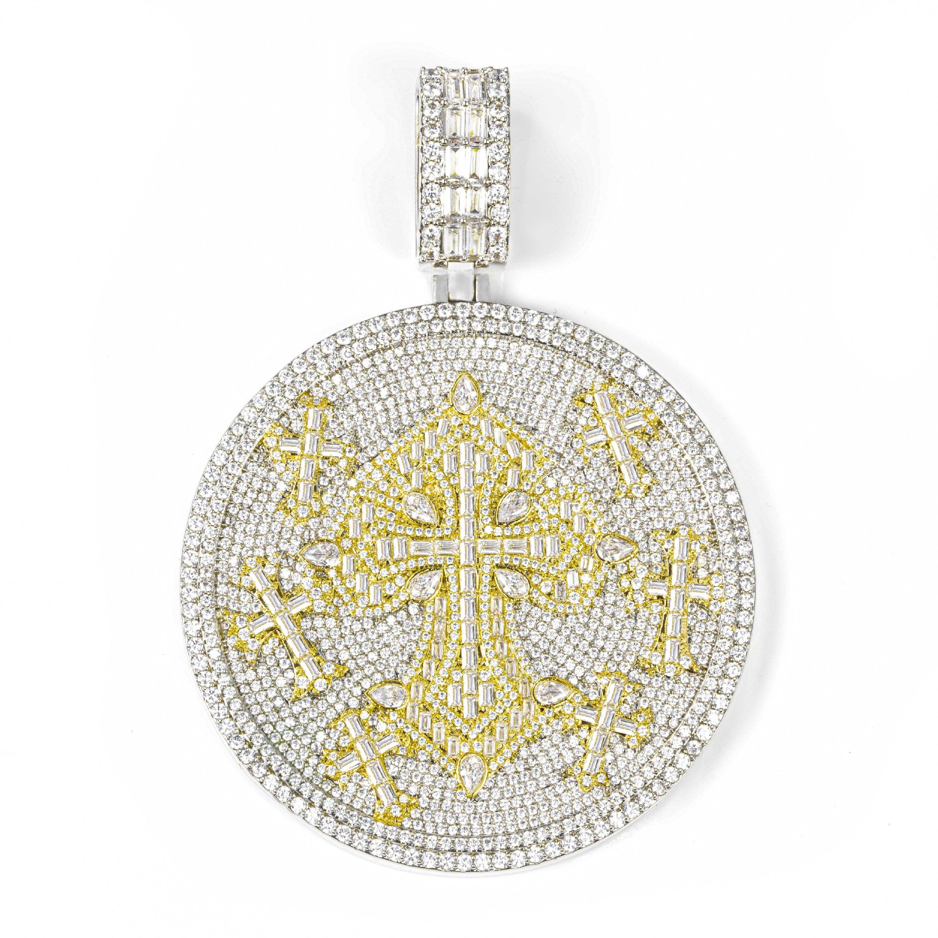 Iced Out Moissanite Round Cross Pendant — VVS Gold Plated Hip Hop Medallion Necklace 24" Rope Chain, White Gold / Two-Tone