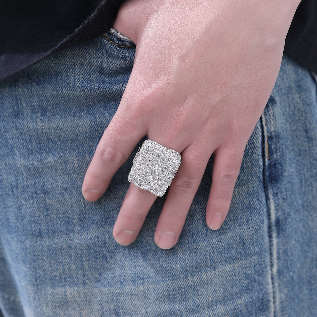 Iced Out Custom Letter Ring — Baguette CZ Initial Ring for Men, Gold Plated Hip Hop Bling Pinky Ring, Sizes 7-10