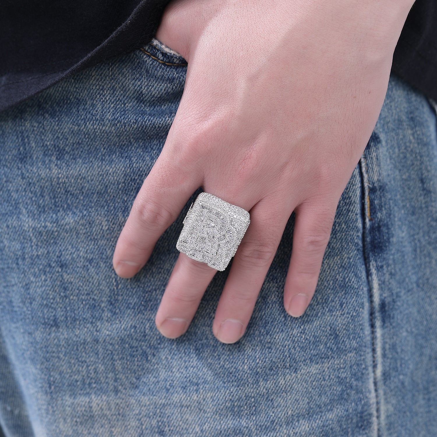 Iced Out Custom Letter Ring — Baguette CZ Initial Ring for Men, Gold Plated Hip Hop Bling Pinky Ring, Sizes 7-10
