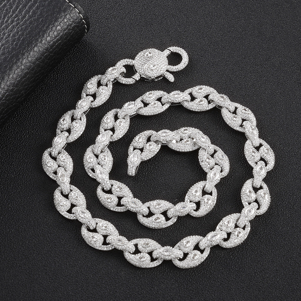 Iced Out Pig Nose Moissanite Chain Necklace 15mm – Marquise Oval Link Hip Hop Jewelry for Men, Copper Gold/White Gold Plated Iced Chain, 16"-24"