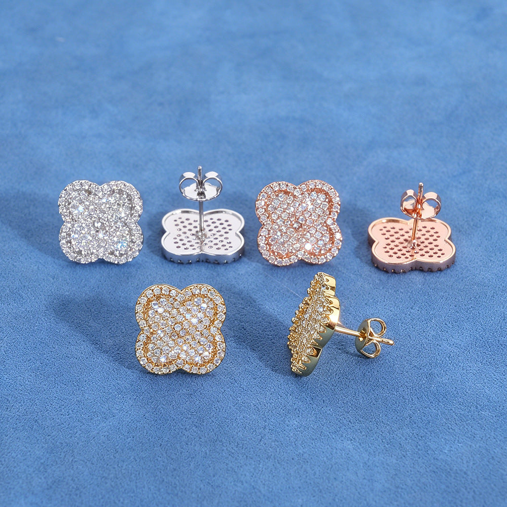Iced Out Four Leaf Clover Moissanite Stud Earrings – S925 Silver Full-Pave Hip Hop Clover Shape Earrings for Men & Women, Pass Diamond Tester