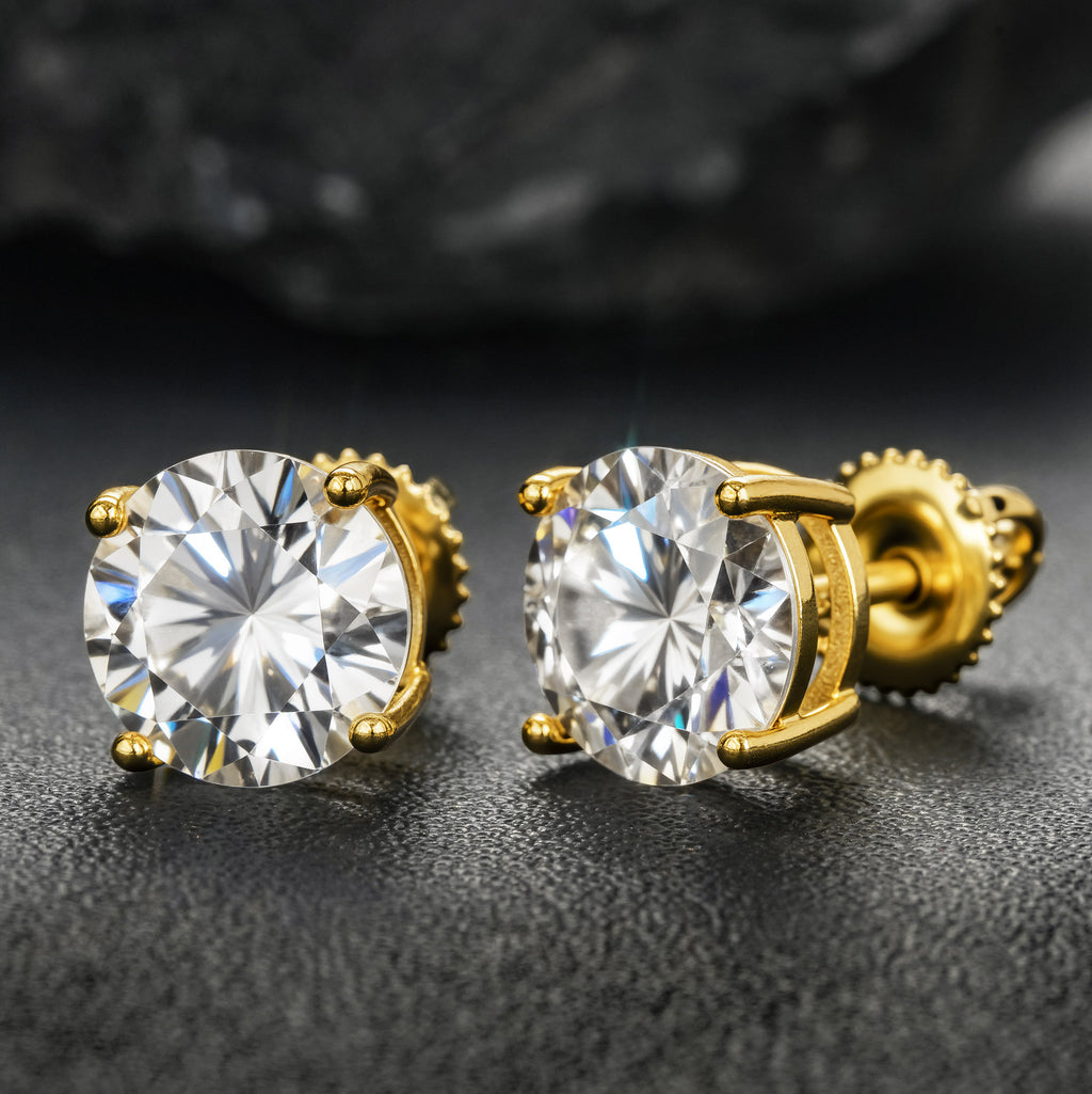 S925 Moissanite Round Stud Earrings — 4 Prong Gold Plated Solitaire Earrings for Men & Women, 3mm-8mm