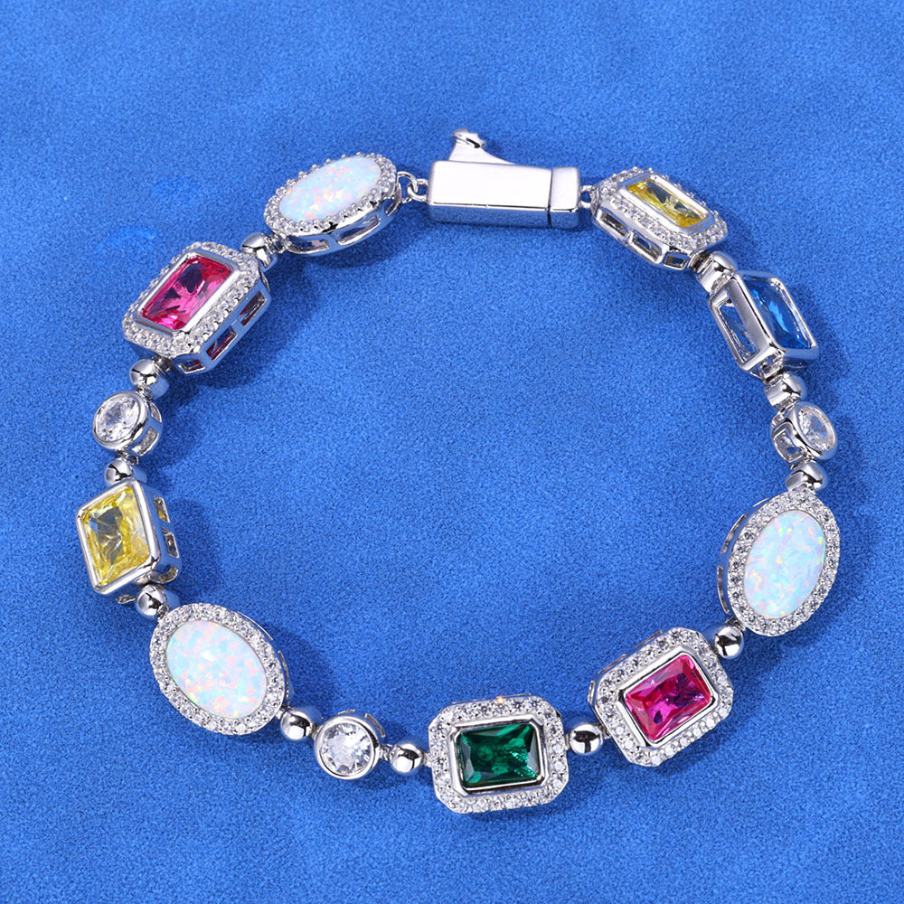 S925 Silver Multi-Gemstone Halo Tennis Bracelet – Moissanite-Iced Opal Ruby Sapphire Emerald Hip Hop Bracelet for Women