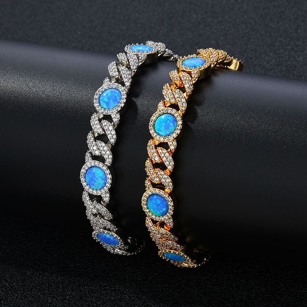 Blue Opal Moissanite Cuban Link Bracelet – S925 Sterling Silver Iced Out Gemstone Bangle | Esekeem