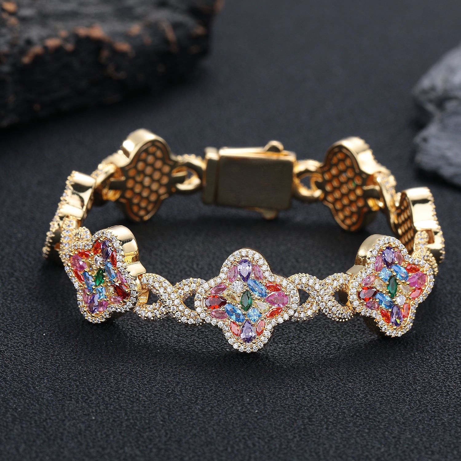 Iced Out Four-Leaf Clover Bracelet — 11mm Rainbow CZ Star Link, Gold Plated Hip Hop Tennis Bracelet for Men & Women