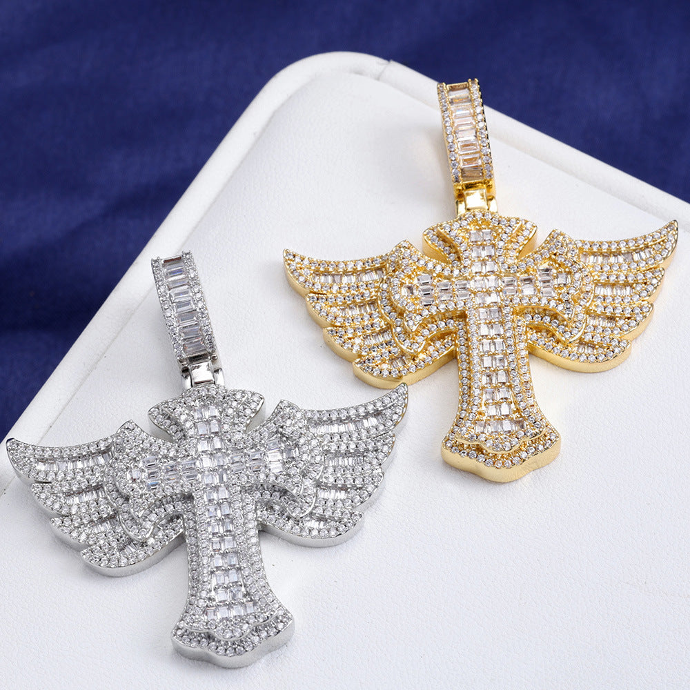 Iced Out Baguette Moissanite Cross with Angel Wings – 925 Sterling Silver Hip Hop Pendant Necklace | VVS Stones | GRA Certified