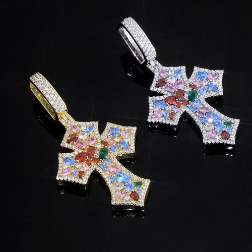 Colorful Gemstone Cross Pendant Necklace – Iced Out Multicolor Zircon Hip Hop Cross Jewelry for Men & Women | Esekeem PEN296