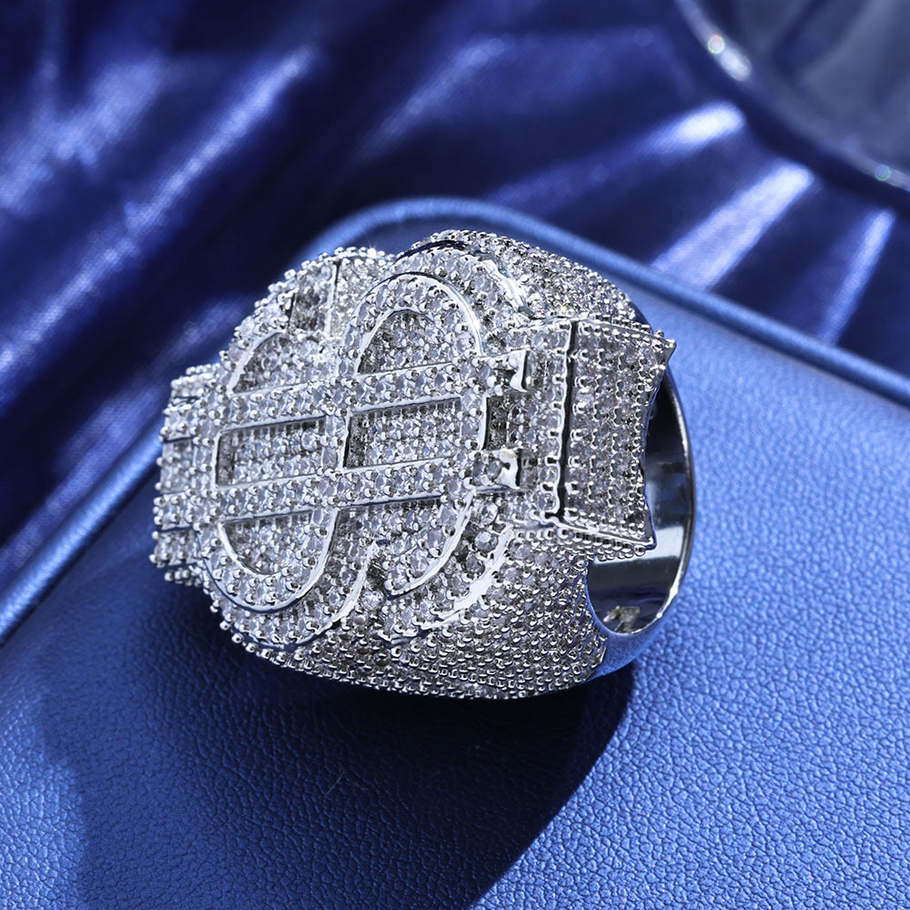 Iced Out Money Sign Moissanite Ring – S925 Sterling Silver Dollar Sign ($) Pinky Ring, Hip Hop Iced Jewelry for Men, US Size 7-11