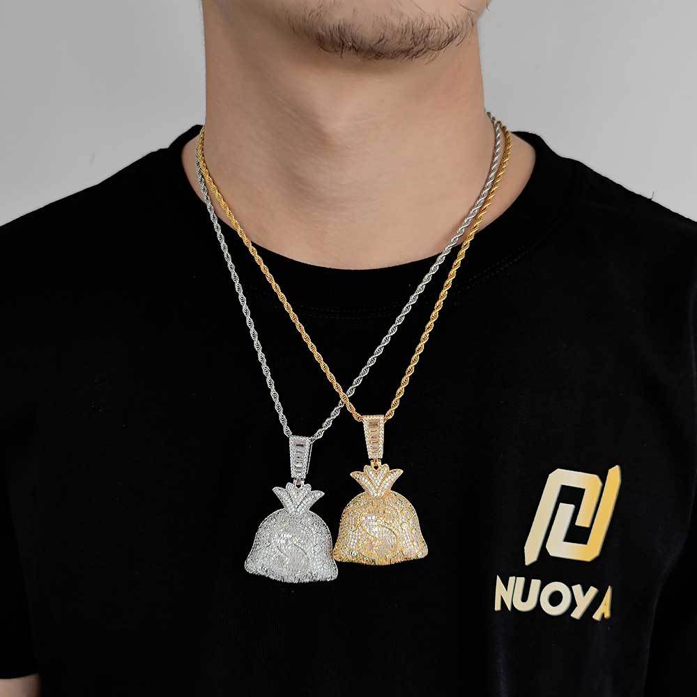 Iced Out Money Bag Pendant – Dollar Sign Baguette $ Charm Necklace | Hip Hop Bling Jewelry | 24" Rope Chain Included