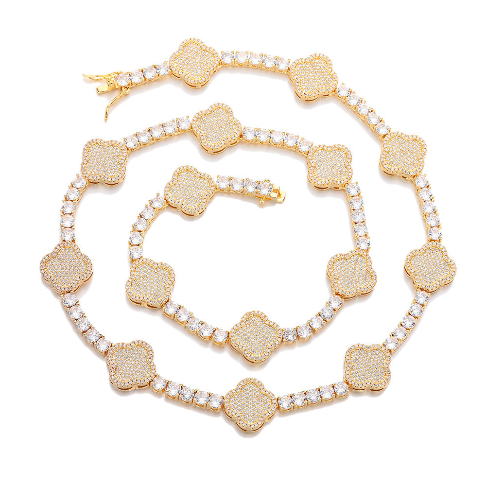 Iced Out Four Leaf Clover Tennis Chain & Bracelet Set – Gold Plated CZ Hip Hop Jewelry for Men