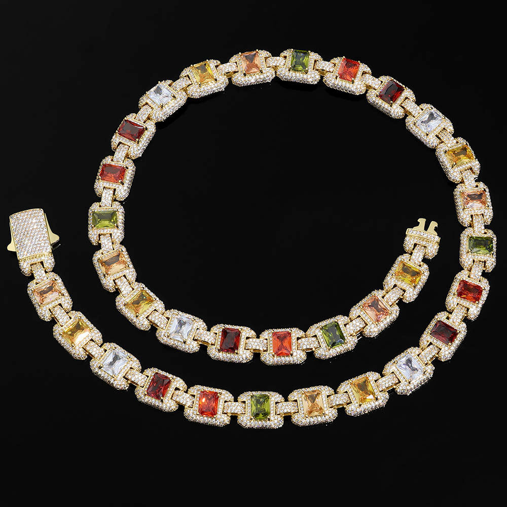 Iced Out Colorful Gemstone Chain Necklace – 12MM Multi-Color Zircon Square Link Hip Hop Jewelry | Esekeem