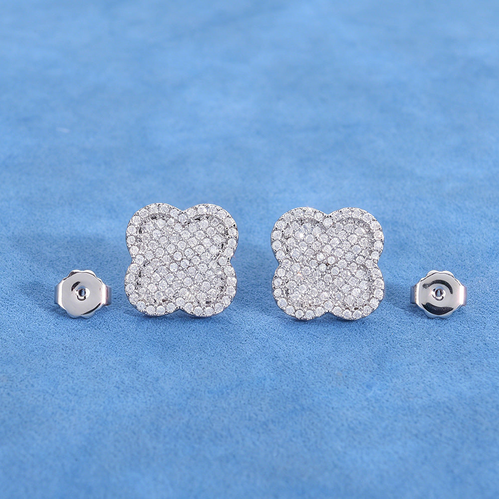 Iced Out Four Leaf Clover Moissanite Stud Earrings – S925 Silver Full-Pave Hip Hop Clover Shape Earrings for Men & Women, Pass Diamond Tester