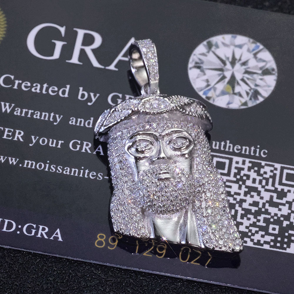 Iced Out Jesus Head Pendant – S925 Silver Full-Pave Moissanite Hip Hop Jesus Piece Necklace with 24" Rope Chain, Pass Diamond Tester