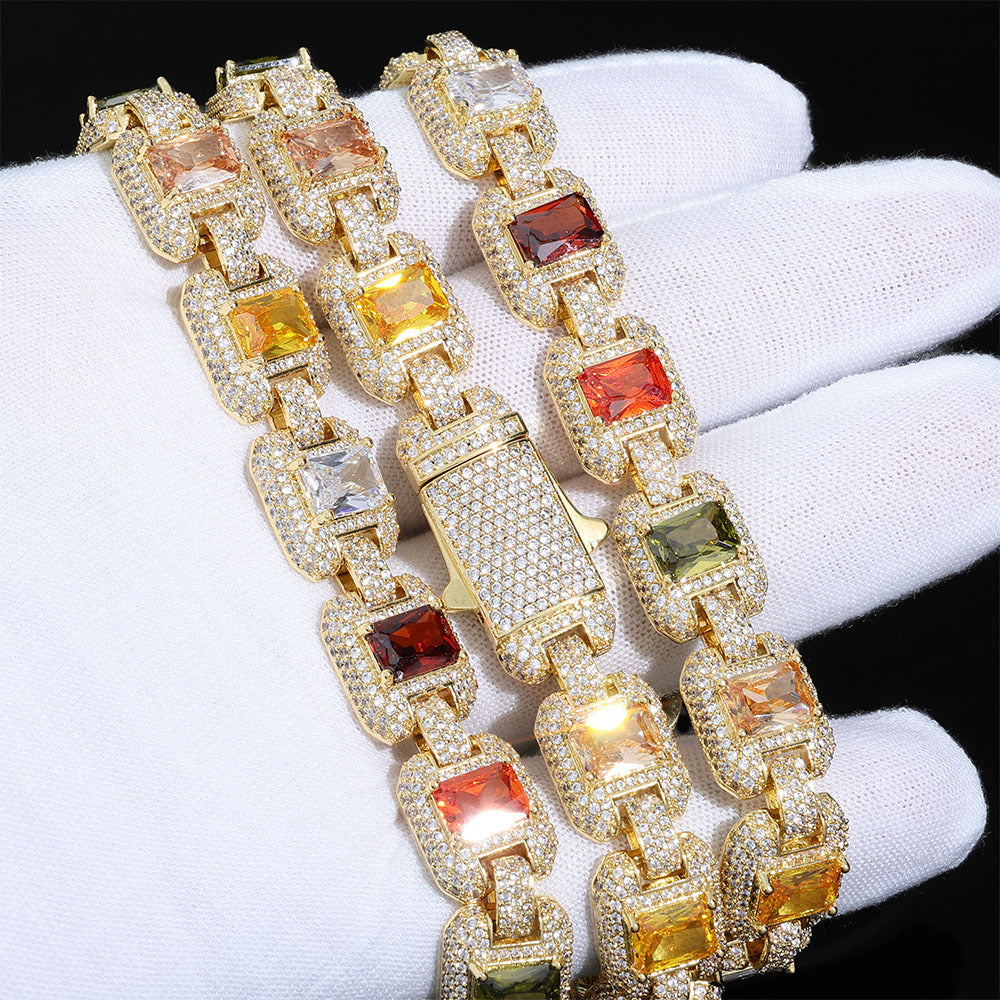 Iced Out Colorful Gemstone Chain Necklace – 12MM Multi-Color Zircon Square Link Hip Hop Jewelry | Esekeem