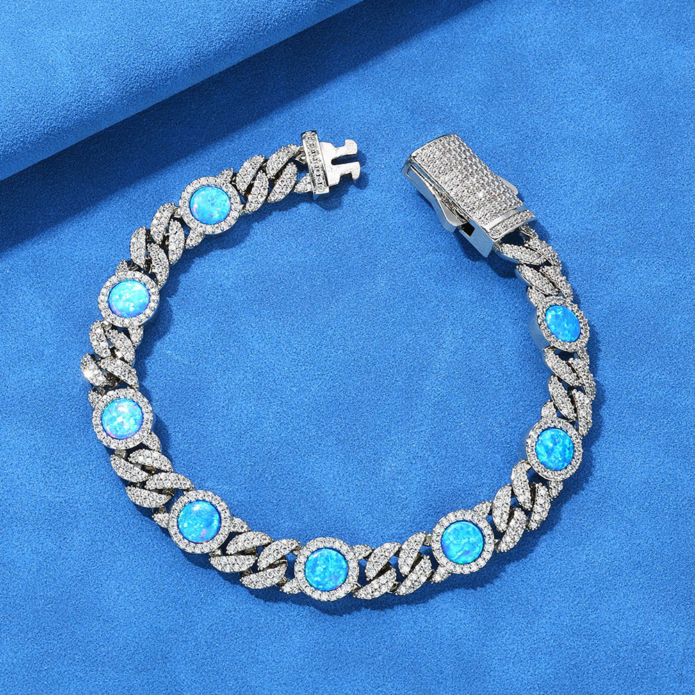 Blue Opal Moissanite Cuban Link Bracelet – S925 Sterling Silver Iced Out Gemstone Bangle | Esekeem