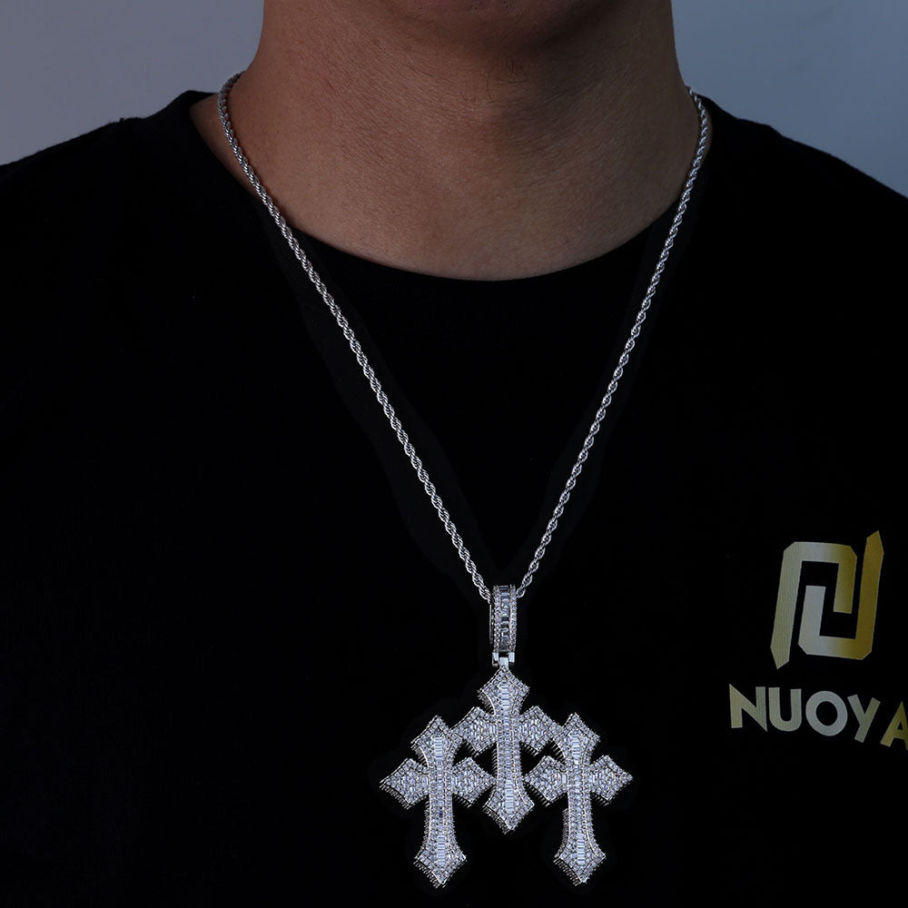 Iced Out Stitched Patch Cross Pendant – 925 Sterling Silver Enamel Moissanite Necklace | Hip Hop Streetwear Cross | GRA Certified