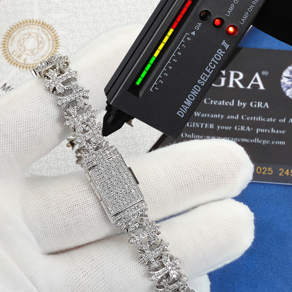 8.5mm Moissanite Cross Link Bracelet – S925 Silver Iced Out Hip Hop Cross Bracelet for Men & Women, Pass Diamond Tester