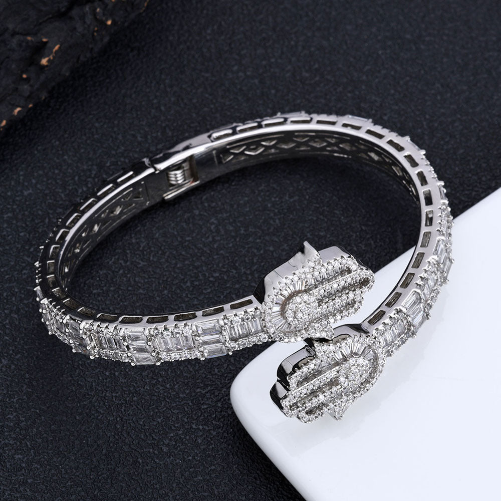 Iced Out Moissanite Baguette Bangle – S925 Sterling Silver Geometric Initial Cuff Bracelet – GRA Certified Diamond Tester Pass Hip Hop Jewelry