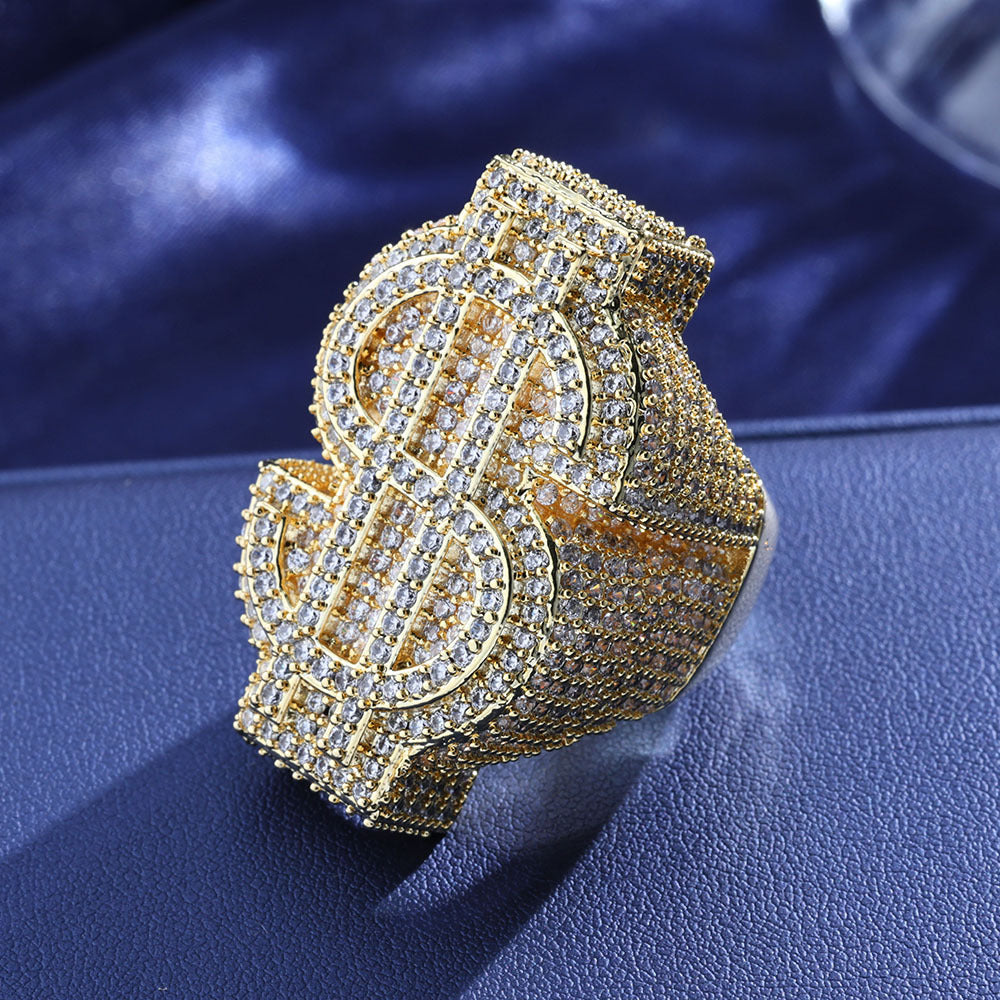 Iced Out Money Sign Moissanite Ring – S925 Sterling Silver Dollar Sign ($) Pinky Ring, Hip Hop Iced Jewelry for Men, US Size 7-11