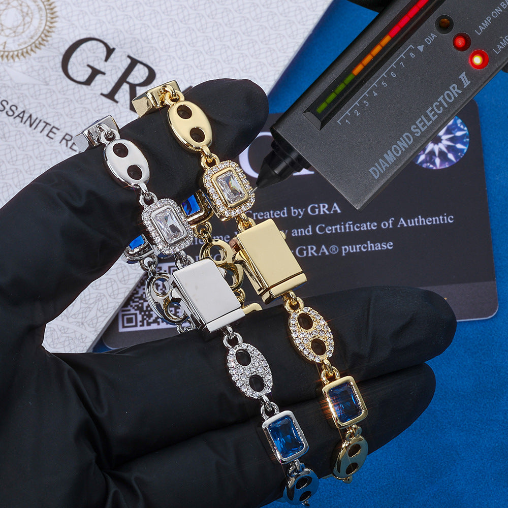 Iced Out Moissanite Anchor Link Bracelet Men – S925 Silver Blue Stone Baguette Hip Hop Bracelet 7-9 Inch