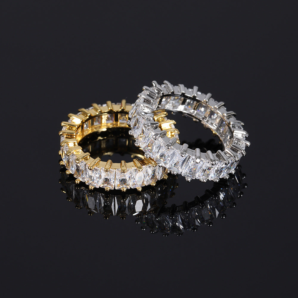 Esk EEM Emerald Cut CZ Eternity Band Ring | Iced Out Hip Hop Cuban Style | 18K Gold & White Gold Plated Copper | Unisex Statement Wedding Band Men Women Sizes 7-11