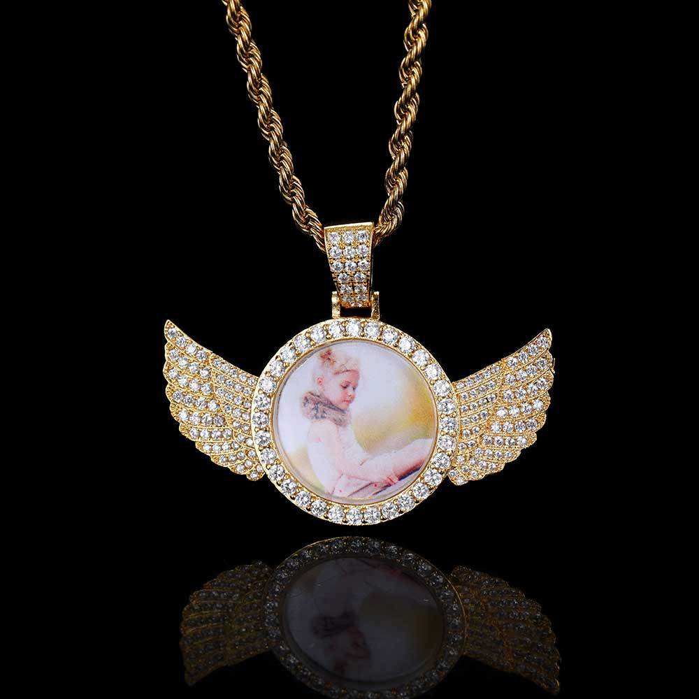 Iced Out Moissanite Angel Wing Photo Pendant – Custom Picture Locket Necklace 925 Sterling Silver | VVS Stones | Hip Hop Memorial Jewelry