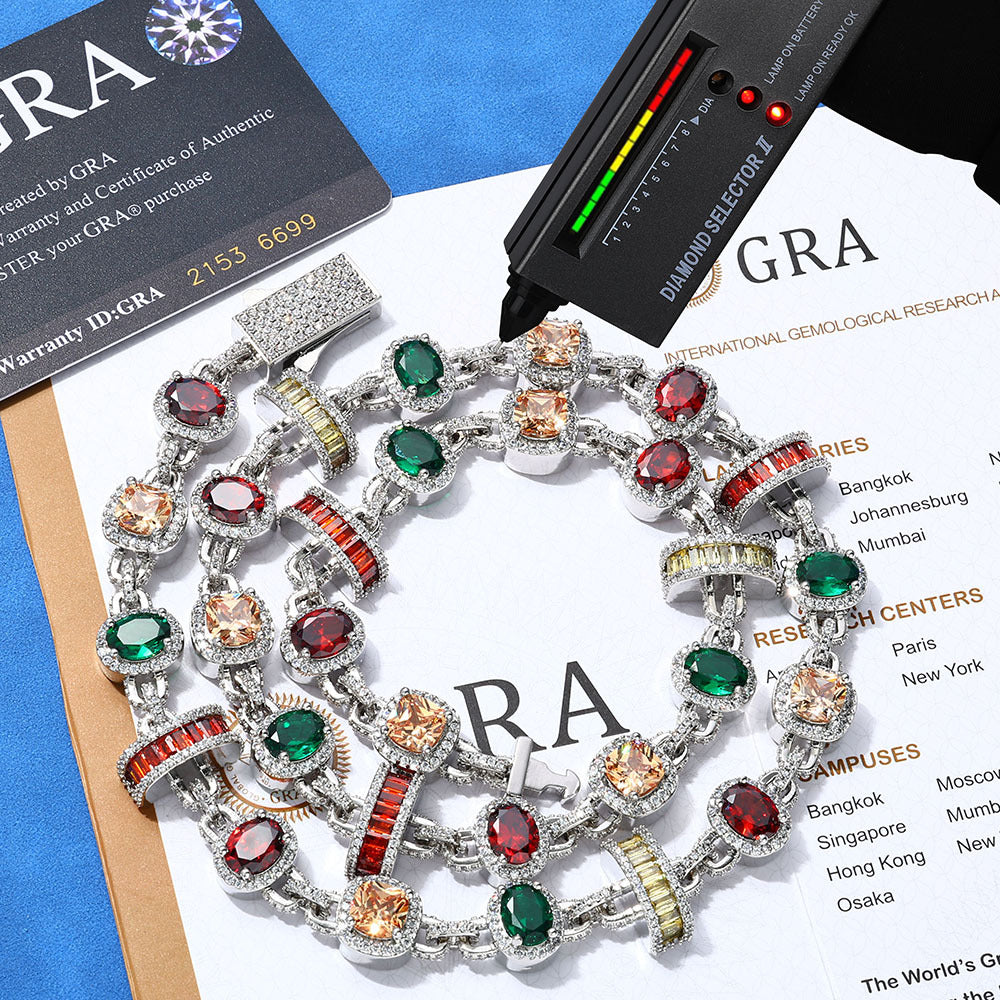 Iced Out Rainbow Moissanite Chain Necklace for Men – Multi Color Gemstone S925 Silver Hip Hop Jewelry 16-24 Inch