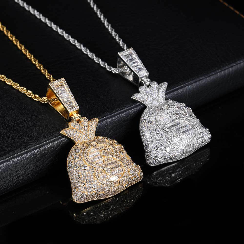 Iced Out Money Bag Pendant – Dollar Sign Baguette $ Charm Necklace | Hip Hop Bling Jewelry | 24" Rope Chain Included